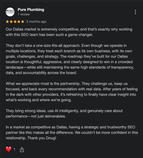 Google review from Pure Plumbing: 5 stars, praising the Dallas SEO partnership with Demand Stream Digital.