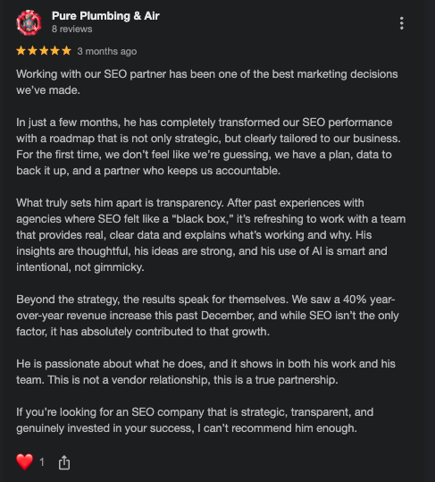 Google review from Pure Plumbing and Air: 5 stars, citing a 40% year-over-year revenue increase.